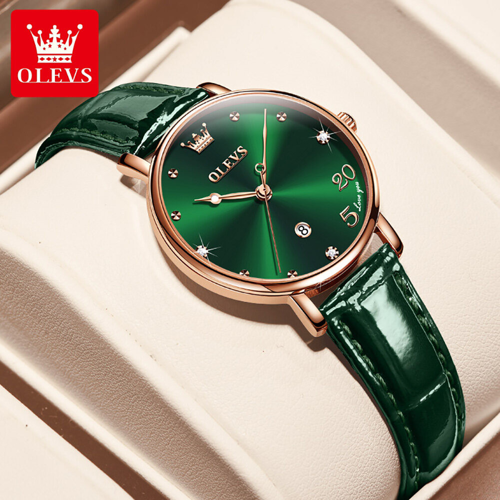 OLEVS 5505 Genuine Leather Belt Women Luxury Quartz Watch- Green