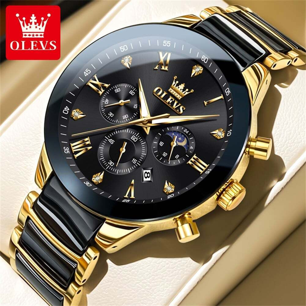 OLEVS 7004 Men's Watches Ceramic Band Chronograph Date Luminous Waterproof Luxury Quartz Wristwatch for Men's- Golden & Black