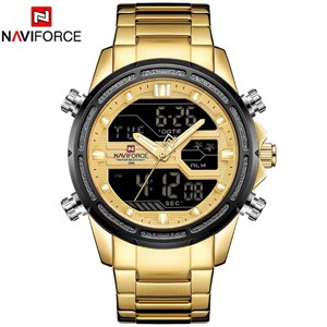 NAVIFORCE 9138 Golden Quartz Duel Time Stainless Steel Watch for Men's