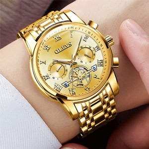 OLEVS 2859 Quartz Waterproof Stainless Steel Watch For Man's-  Golden