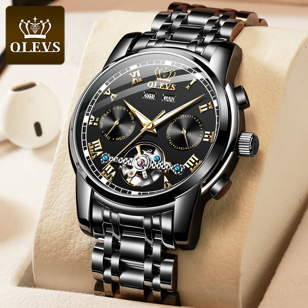 OLEVS 6607 Premium Quality Automatic Mechanical Fashion Stainless Steel Waterproof Watch for Men's- Black