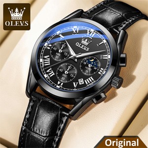 OLEVS 2871 Black Waterproof Genuine Leather Belt Watch for Men's