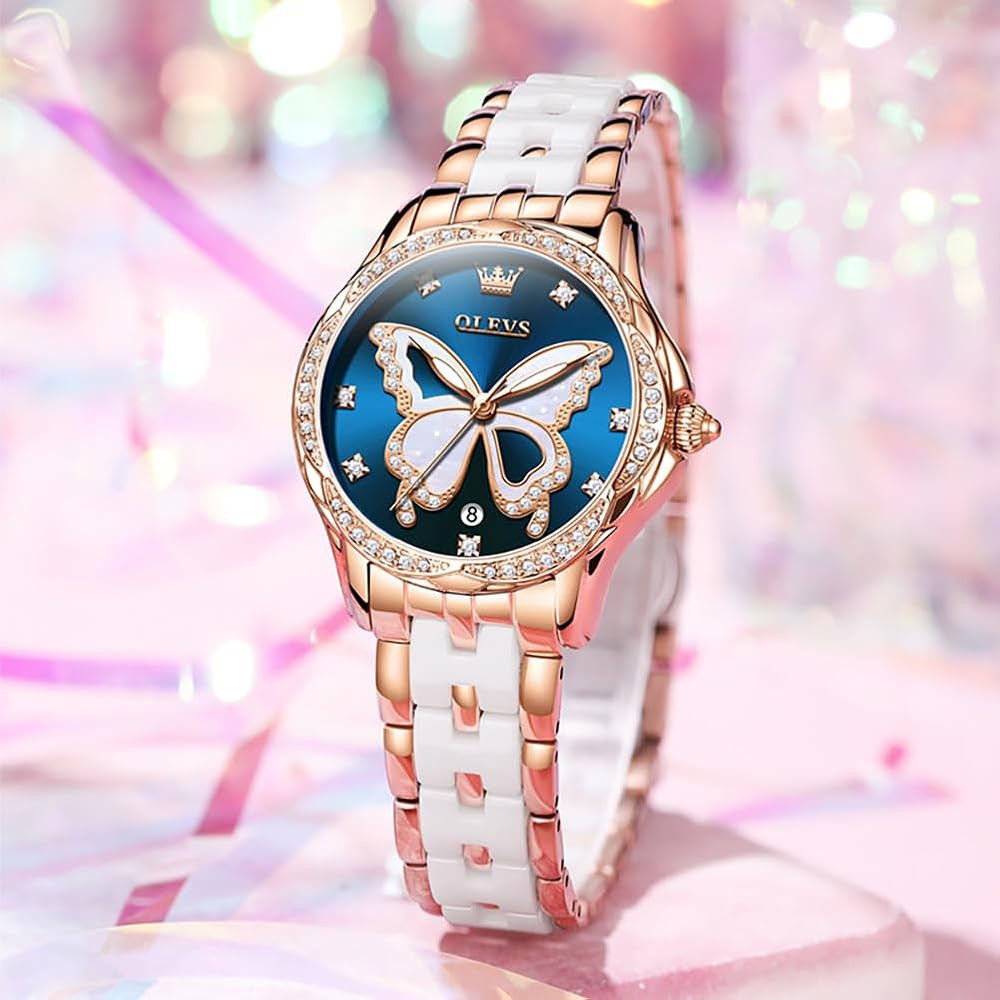 OLEVS 5610 Ceramic Women's Quartz Butterfly Diamonds Strap Waterproof Luminous Calendar Ladies Casual Wristwatch- Blue Dial