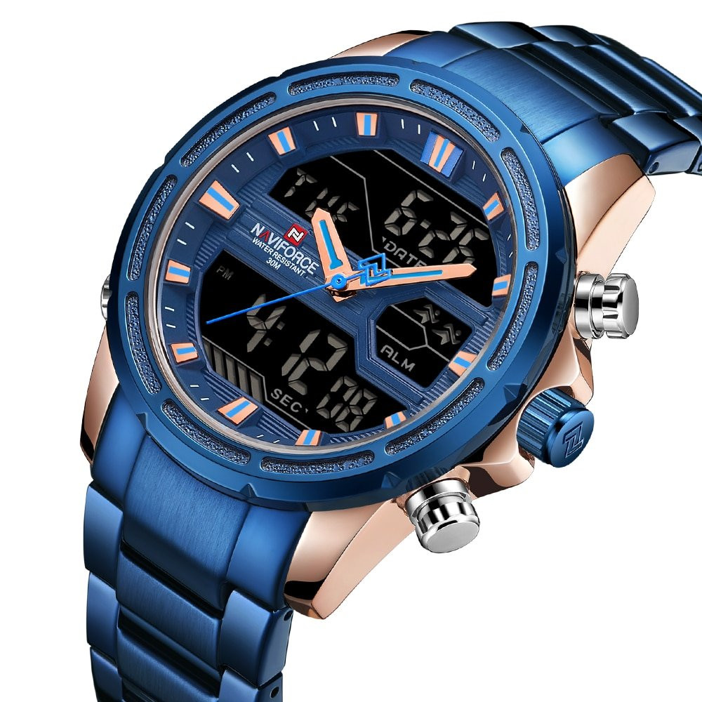 NAVIFORCE 9138 Blue Quartz Duel Time Stainless Steel Watch for Men's