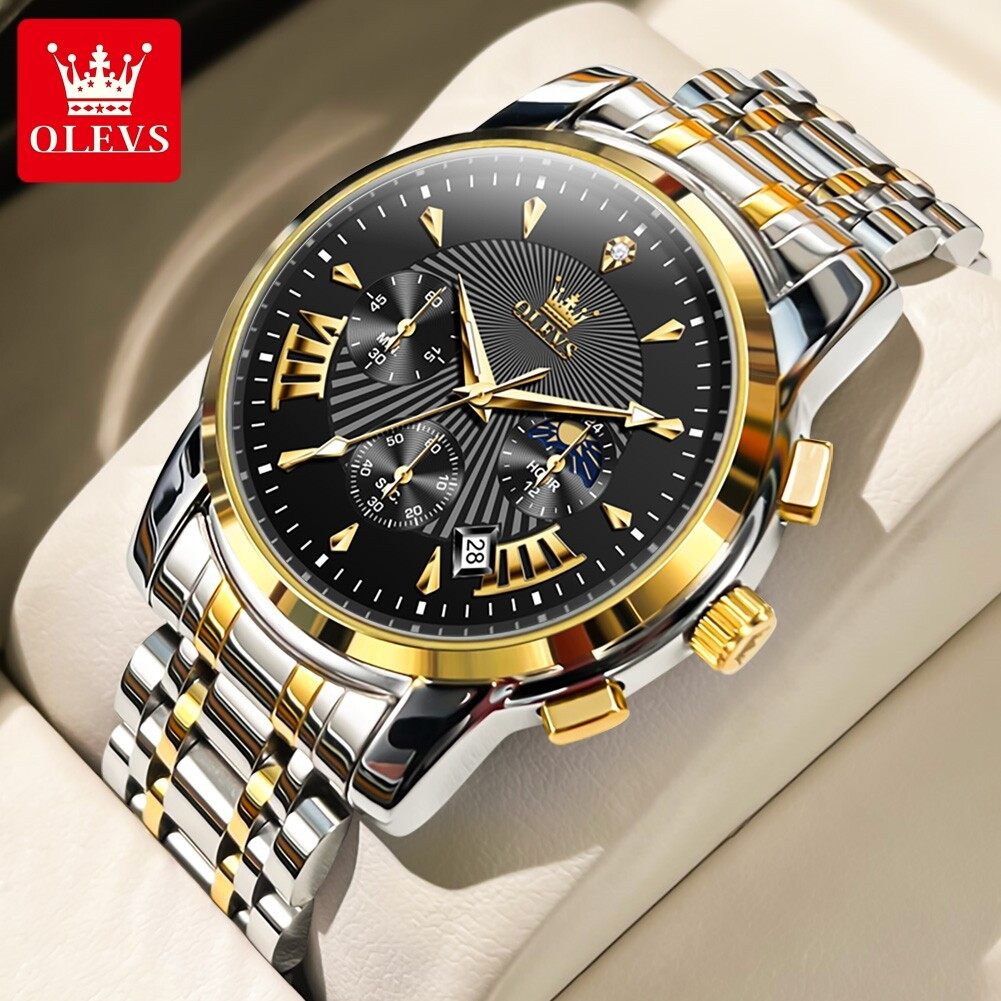 OLEVS 2892 Stainless Steel Waterproof Fashion Chronograph Silver Gold Black Dial Quartz Watch For Men's