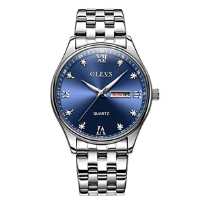 OLEVS 5570 Men's Stainless Steel Luminous Dial Date and Week Waterproof Quartz Wrist Watch- Blue Dial