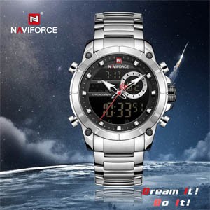 NAVIFORCE 9163 Silver Black Dial Stainless Steel Dual Time Men's Watch