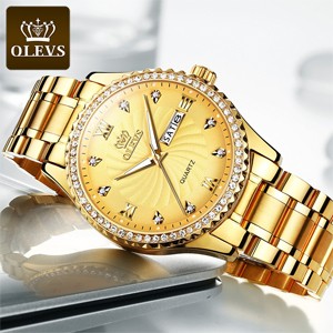 OLEVS 5565 Golden Fashion Stainless Steel Waterproof Analog Time Diamond Watch for Men's