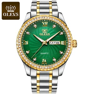 OLEVS 5565 Fashion Stainless Steel Green Dial Analog Time Diamond Watch for Men's