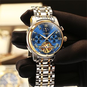 OLEVS 6617 Blue Luxury Mechanical Stainless Steel Waterproof Watch For Men