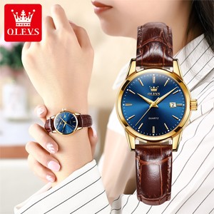 Olevs 6898 Blue Dial Genuine Leather Watch For Women