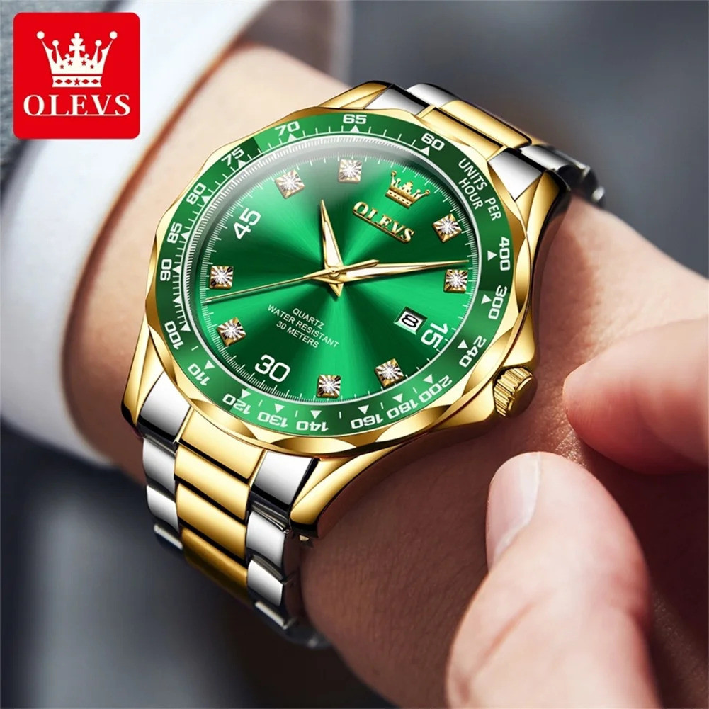 OLEVS 9988 Stainless Steel Analog Wrist Watch For Men- Green Golden