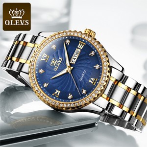 OLEVS 5565 Blue Dial Fashion Stainless Steel Waterproof Analog Time Diamond Watch for Men's