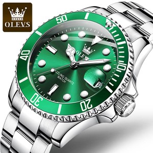 OLEVS 5885 Silver Green Stainless Steel Luxury Quartz Watch for Man's