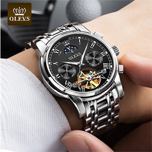 OLEVS 6617 Silver Black Luxury Mechanical Stainless Steel Waterproof Watch For Men