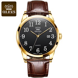 OLEVS 5566 Genuine Leather Belt Black Dial Watch For Men