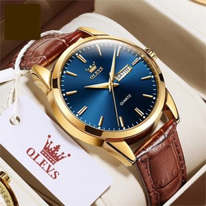 OLEVS 6898 Blue Dial Waterproof Leather Belt Quartz Watch For Man's