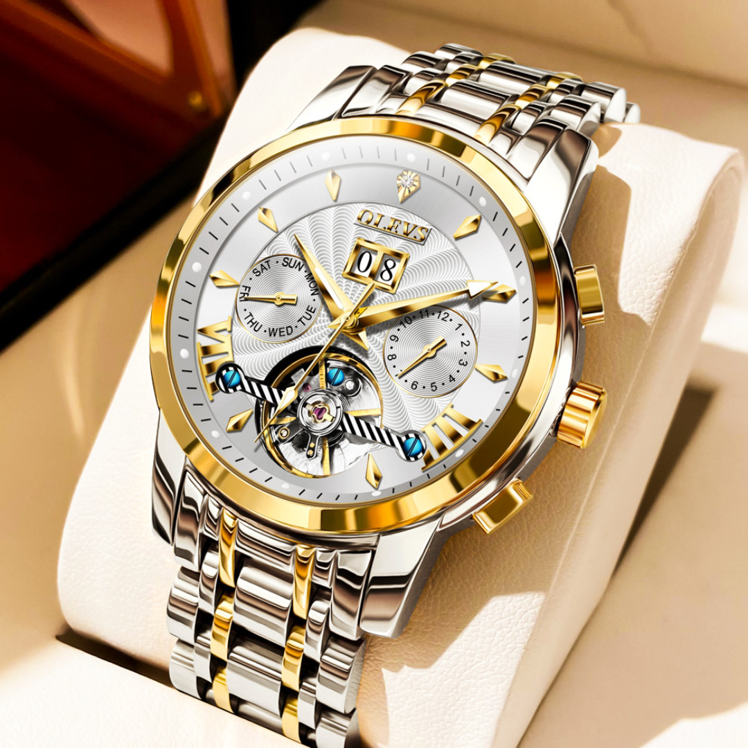 OLEVS 9965 Luxury Automatic Mechanical Stainless Steel Waterproof Watch for Men-Golden Silver