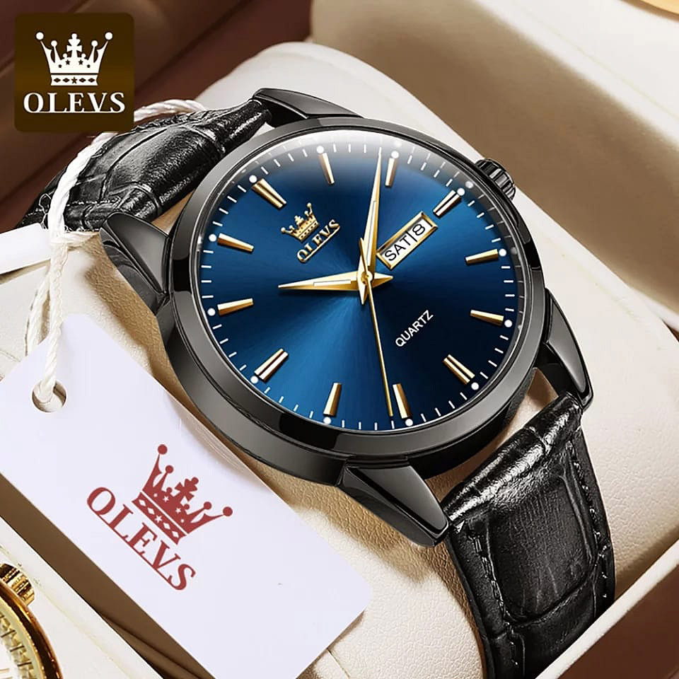 OLEVS 6898 Blue Black Genuine Leather Quartz Watch For Man