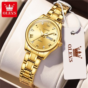 OLEVS 5563 Stainless Steel Waterproof Watch For Women- Golden