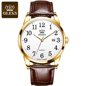 OLEVS 5566 Genuine Leather Belt Silver Dial Watch For Men