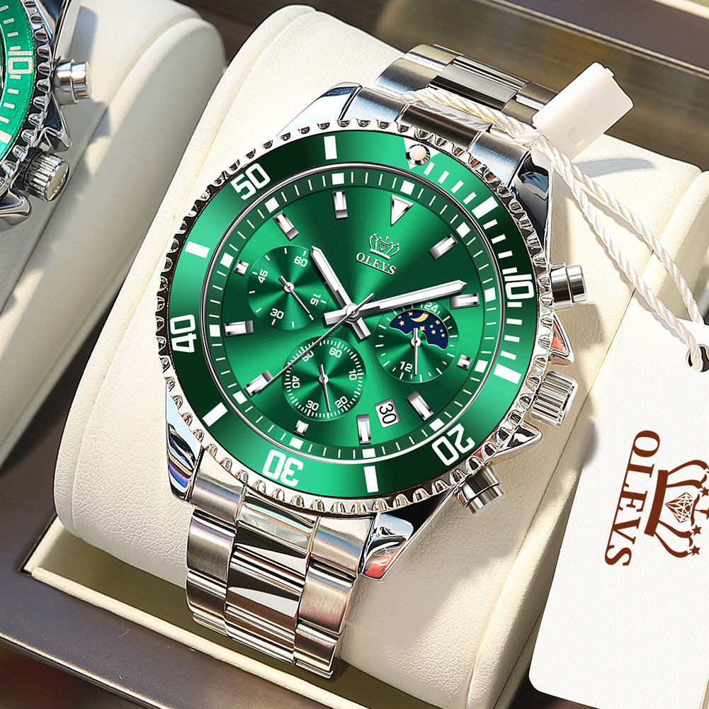 OLEVS 2870 Silver Green Waterproof Stainless Steel Casual Watch for Men's