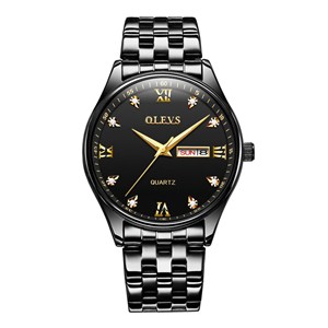 OLEVS 5570 Men's Stainless Steel Luminous Dial Date and Week Waterproof Quartz Wrist Watch- Black