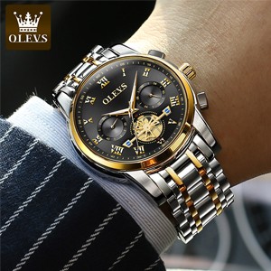 OLEVS 2859 Quartz Waterproof Stainless Steel Watch For Man's- Silver, Gold & Black