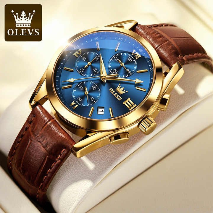 OLEVS 2872 Waterproof Genuine Leather Belt Quartz Wrist watch for Men's-Golden Blue