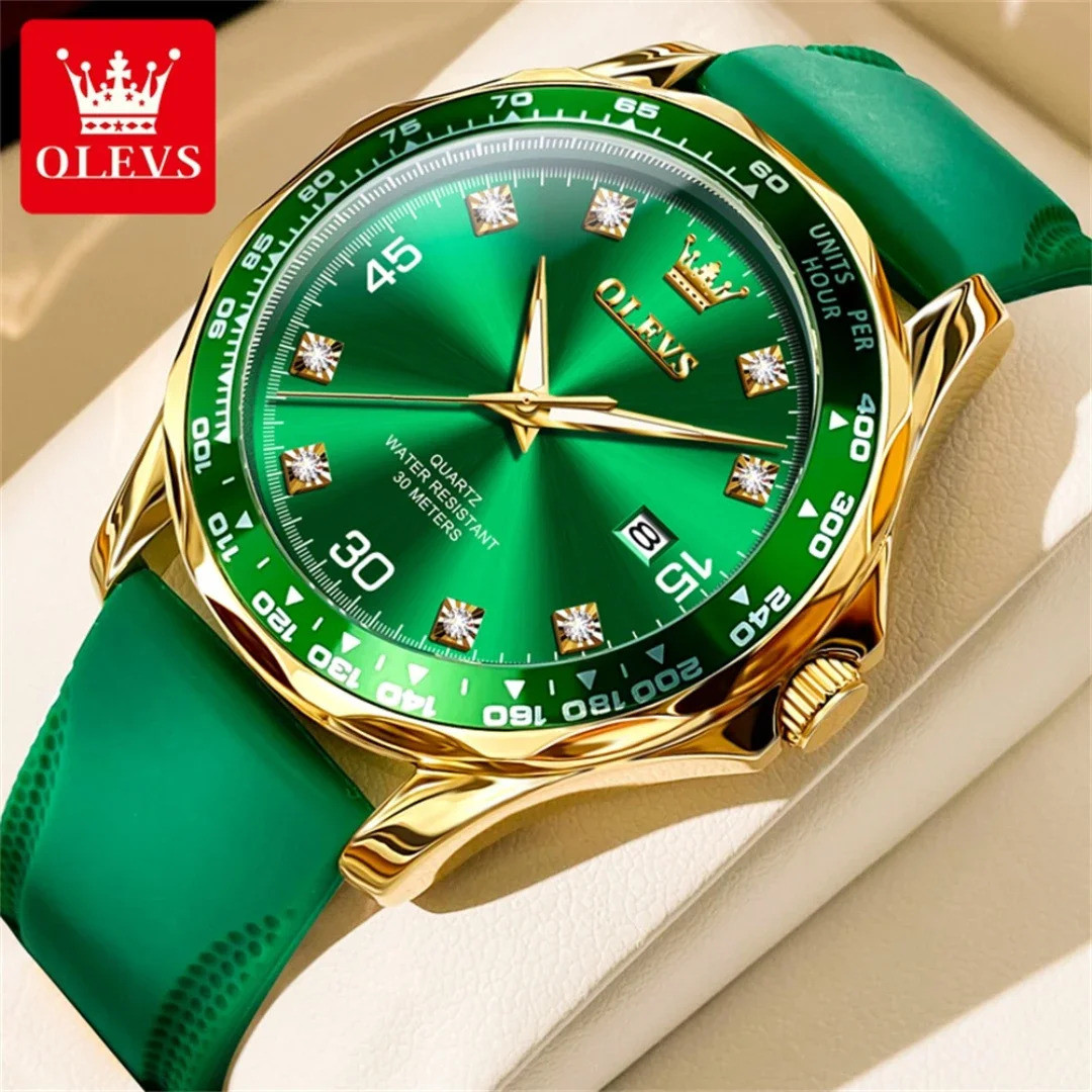 OLEVS 9988 Silicon Analog Wrist Watch For Men- Green Golden