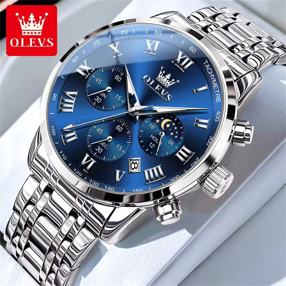 OLEVS 5529 Stainless Steel Moon Phase Quartz Date Waterproof Analog Watch for Men's