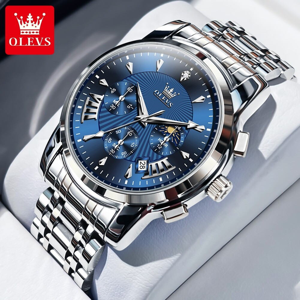 OLEVS 2892 Stainless Steel Waterproof Fashion Chronograph Silver & Blue Dial Quartz Watch For Men's