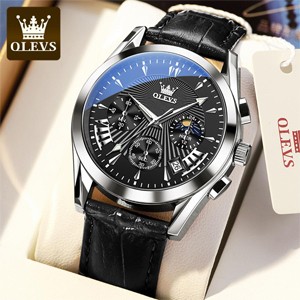 OLEVS 2876 Black Genuine Leather Belt Quartz Watch for Men’s