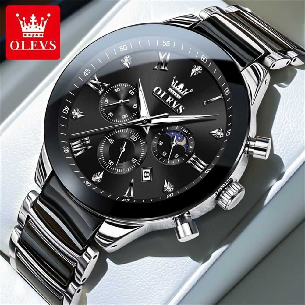 OLEVS 7004 Men's Watches Ceramic Band Chronograph Date Luminous Waterproof Luxury Quartz Wristwatch for Men- Silver & Black