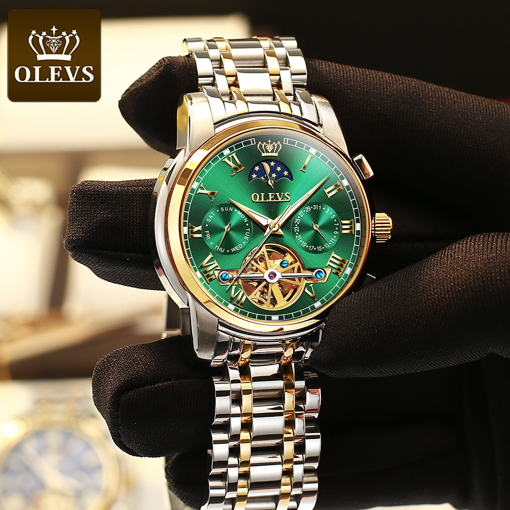 Olevs 6617 Green Luxury Mechanical Stainless Steel Waterproof Watch For Men