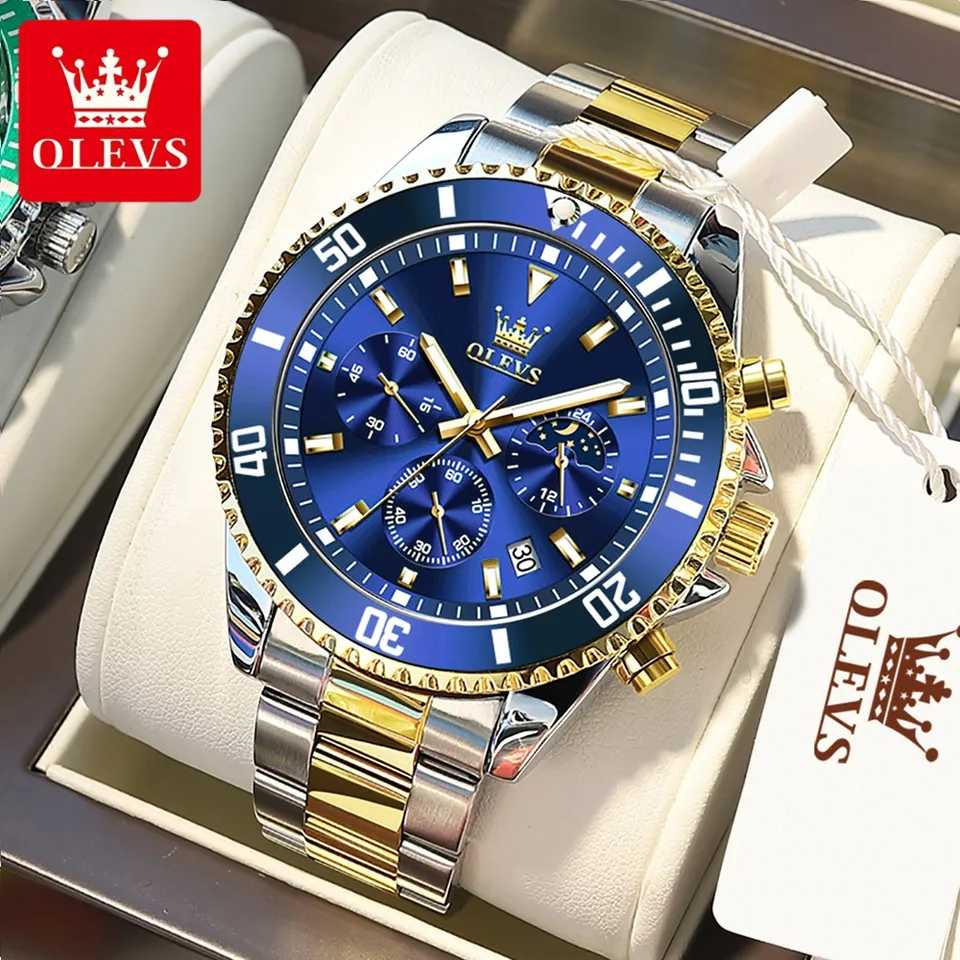 OLEVS 2870 Blue Golden Waterproof Stainless Steel Casual Watch For Man's