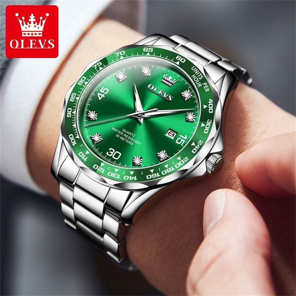 OLEVS 9988 Stainless Steel Analog Wrist Watch For Men- Green Silver