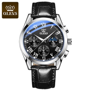 OLEVS 2871 Waterproof Genuine Leather Belt Watch for Men's-Silver Black