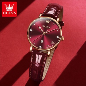 OLEVS 5505 Genuine Leather Belt Women Luxury Quartz Watch- Red