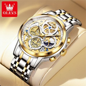 OLEVS 9947 Stainless Steel Chronograph Luminous Waterproof Multifunctional Watch for Men’s- Golden Silver