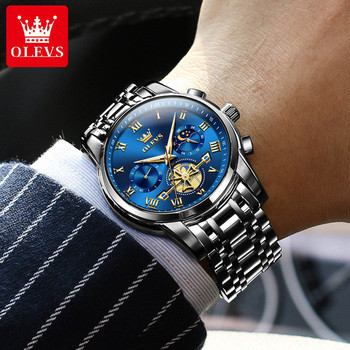 OLEVS 2859 Quartz Waterproof Stainless Steel Watch For Man's-  Black & Blue Dial