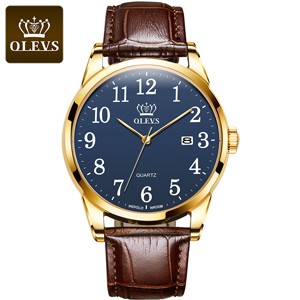 OLEVS 5566 Genuine Leather Belt Blue Dial Watch For Men