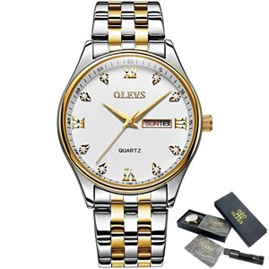 OLEVS 5570 Men's Stainless Steel Luminous Dial Date and Week Waterproof Quartz Wrist Watch- Silver Golden