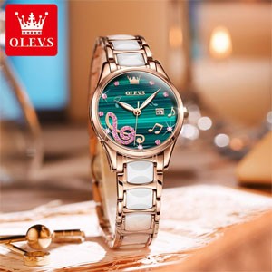 OLEVS 3605 Luxury Women's Fashion Simple Temperament Stainless Steel Ceramic Strap Quartz Watch Rose Gold White & Green