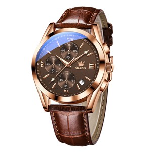 OLEVS 2872 Waterproof Genuine Leather Belt Quartz Wrist watch for Men's-Rose Brown