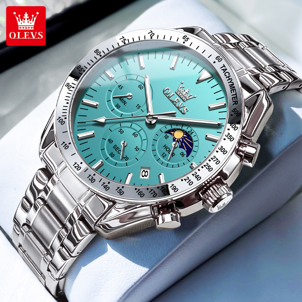 OLEVS 3618 Stainless Steel Chronograph Waterproof Wrist Watch For Men's-Silver Chain & Sky Blue