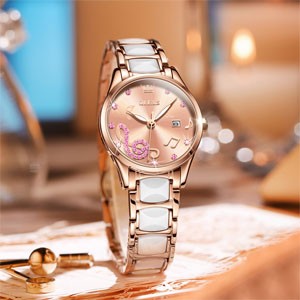 OLEVS 3605 Luxury Women's Fashion Simple Temperament Stainless Steel Ceramic Strap Quartz Watch Rose Gold White & Pink Color