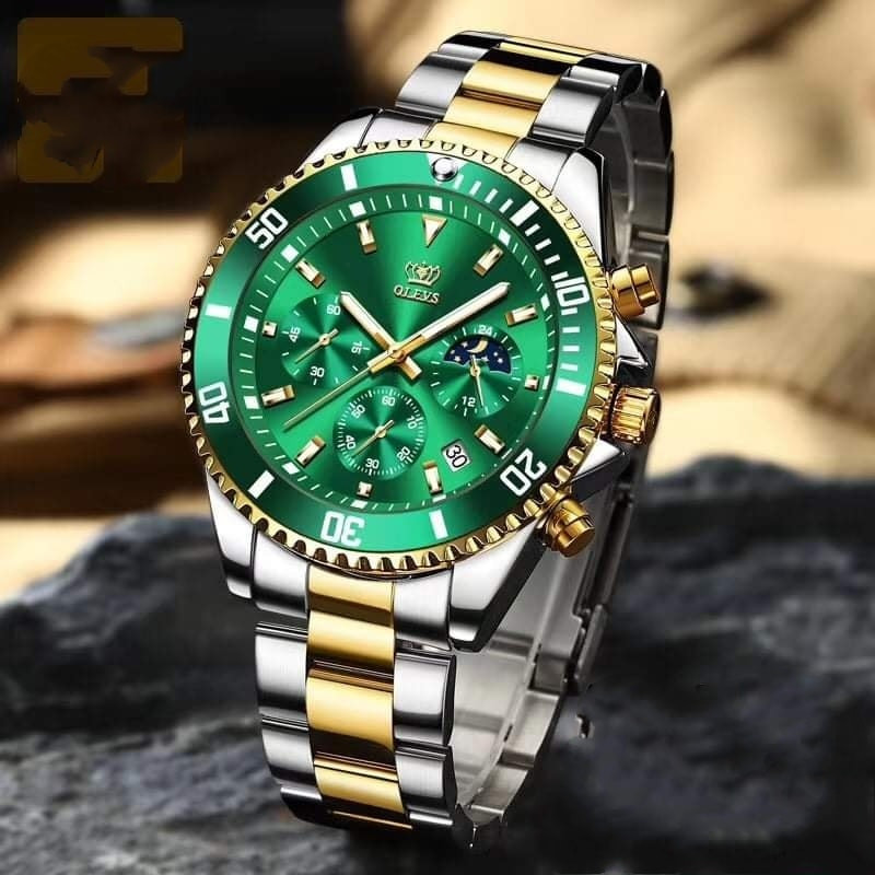 OLEVS 2870 Golden Green Waterproof Stainless Steel Casual Watch for Men's